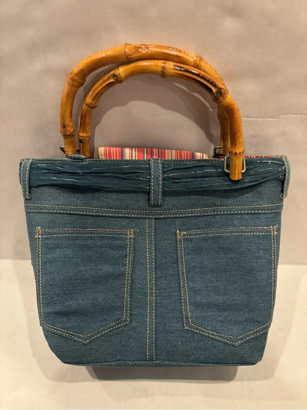 Bottega Blu Blue Denim Tote with Bamboo Handles and Tie Accent